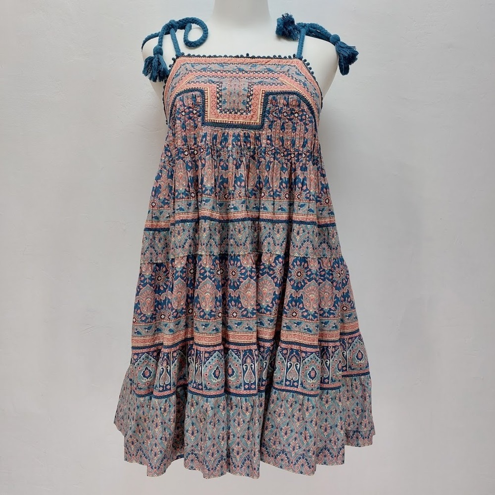 Sea New York Tiered Mini Dress Women's XXS Blue Paisley Tassel Rope Straps Boho
